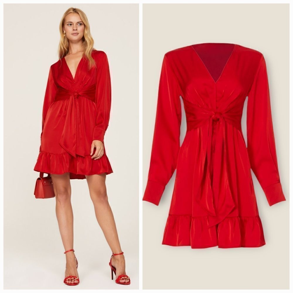 Marissa Webb Collective Satin Tie Front Long Sleeve Ruffle V-Neck Dress in Red 8